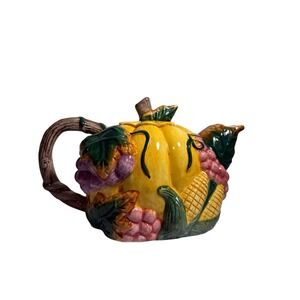 Vintage Ceramic Thanksgiving Banquet Teapot with Lid Grapes Leaves Corn Pumpkin